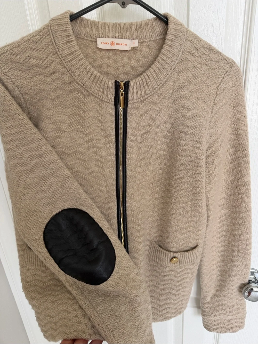 Tory Burch 100% Wool Zip Cardigan Sweater Leather Elbow Patches S